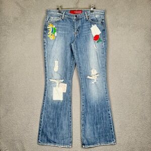 Guess Jeans Women 32 (34x33) Blue Embroidered Floral Distressed Flared Hippy Y2K